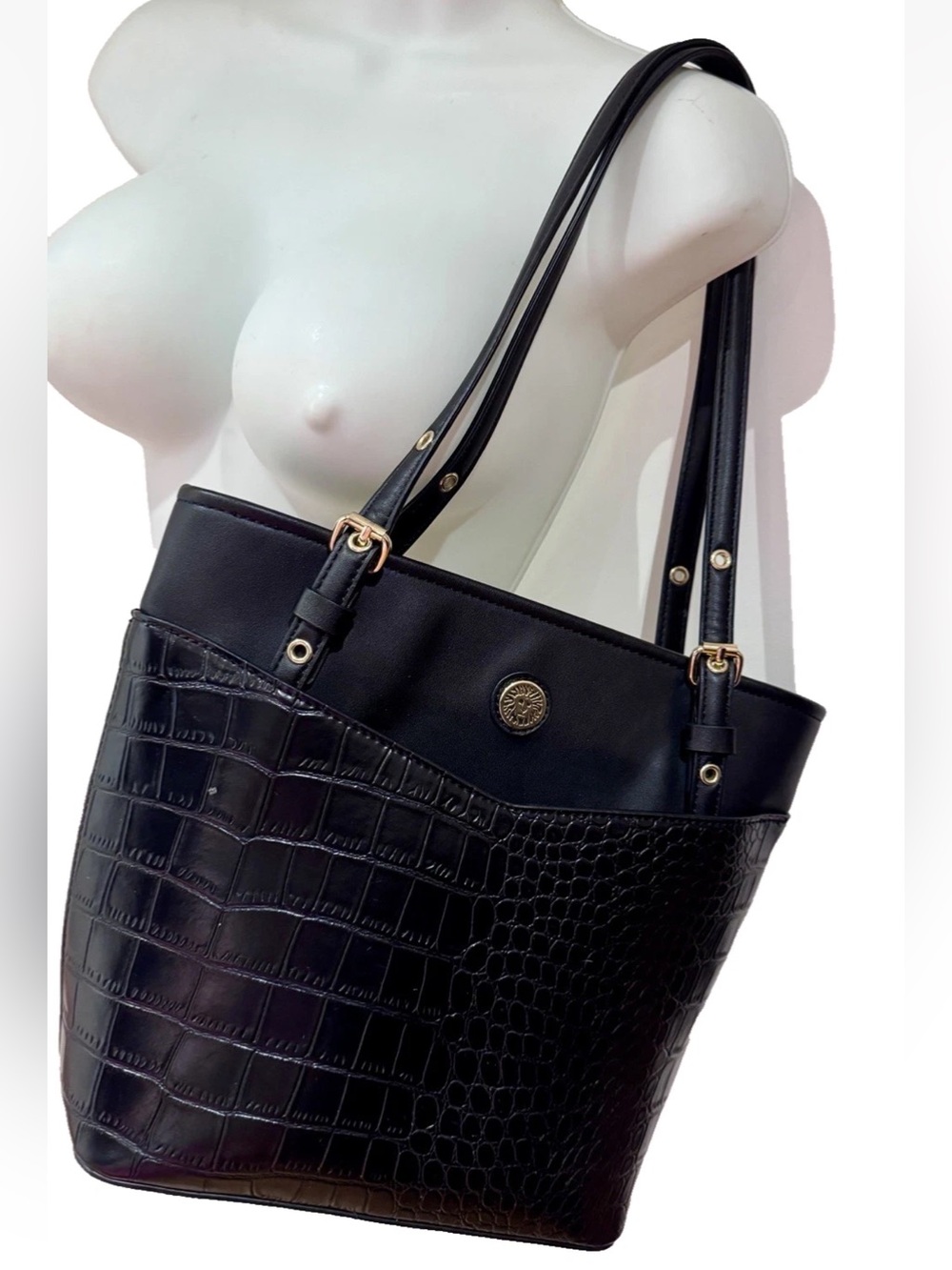 🖤ANNE KLEIN🖤 CROC EMBOSSED FRONT POCKET SLEEVE ADJUSTABLE STRAPS BUCKET TOTE BAG